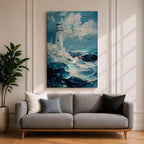 This impasto-style painting depicts a lighthouse standing tall amid crashing ocean waves under a cloudy sky. The thick textured brushstrokes create dynamic movement in the sea and clouds, emphasizing the coastal seascape theme with vivid depth and energy.