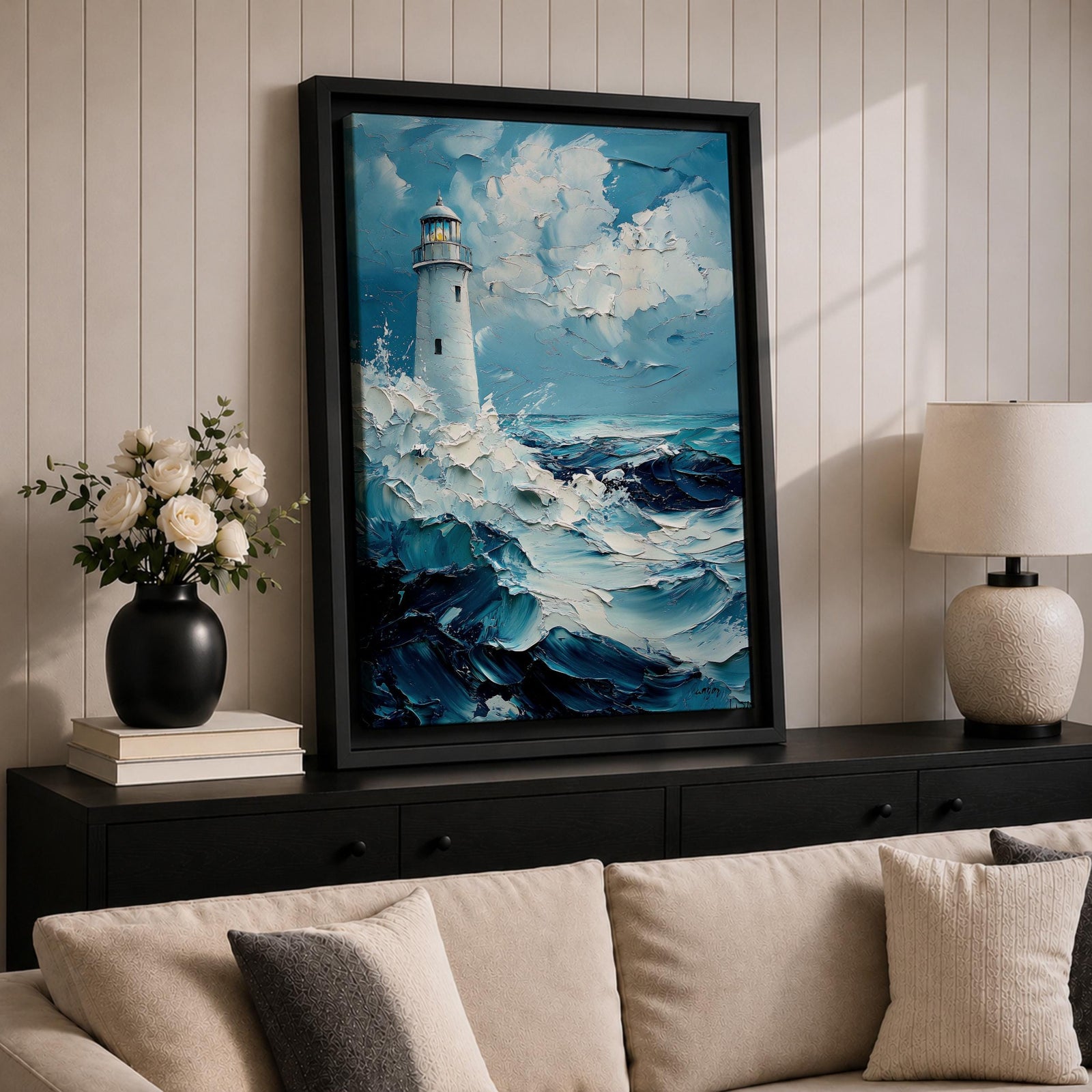 This impasto-style painting depicts a lighthouse standing tall amid crashing ocean waves under a cloudy sky. The thick textured brushstrokes create dynamic movement in the sea and clouds, emphasizing the coastal seascape theme with vivid depth and energy.