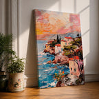 An impasto style painting depicting a coastal sunset seascape with textured brushstrokes showing a vibrant sky blending warm tones above a rocky shoreline and calm sea, capturing the natural beauty and dynamic movement of the Mediterranean coast in a landscape composition.
