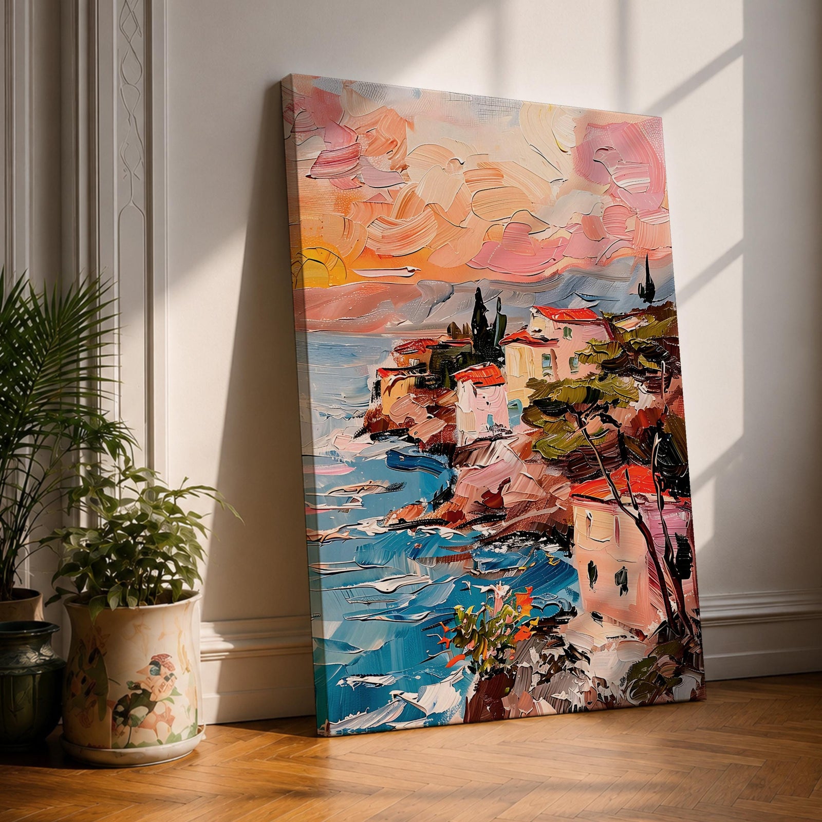 An impasto style painting depicting a coastal sunset seascape with textured brushstrokes showing a vibrant sky blending warm tones above a rocky shoreline and calm sea, capturing the natural beauty and dynamic movement of the Mediterranean coast in a landscape composition.