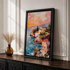 An impasto style painting depicting a coastal sunset seascape with textured brushstrokes showing a vibrant sky blending warm tones above a rocky shoreline and calm sea, capturing the natural beauty and dynamic movement of the Mediterranean coast in a landscape composition.