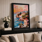 An impasto style painting depicting a coastal sunset seascape with textured brushstrokes showing a vibrant sky blending warm tones above a rocky shoreline and calm sea, capturing the natural beauty and dynamic movement of the Mediterranean coast in a landscape composition.