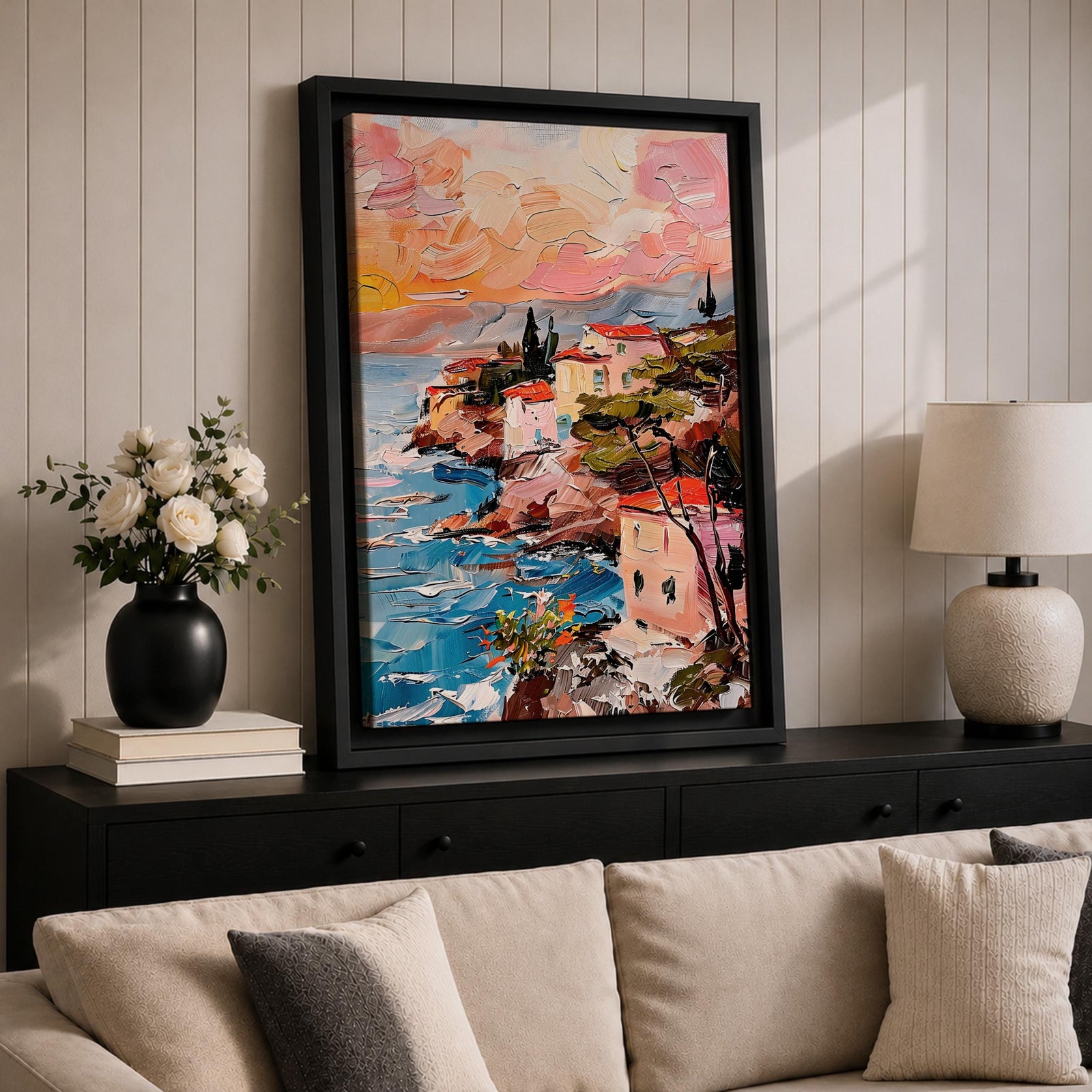 An impasto style painting depicting a coastal sunset seascape with textured brushstrokes showing a vibrant sky blending warm tones above a rocky shoreline and calm sea, capturing the natural beauty and dynamic movement of the Mediterranean coast in a landscape composition.