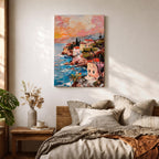 An impasto style painting depicting a coastal sunset seascape with textured brushstrokes showing a vibrant sky blending warm tones above a rocky shoreline and calm sea, capturing the natural beauty and dynamic movement of the Mediterranean coast in a landscape composition.