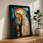 Modern stained glass style illustration of the Virgin Mary shown praying with hands clasped and head gently bowed, wearing flowing robes and a soft halo, composed of luminous jewel toned glass segments and radiant light patterns, rendered with clean lines and glowing color in a contemporary Marian devotional composition.