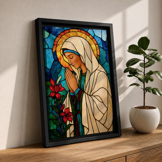 Modern stained glass style illustration of the Virgin Mary shown praying with hands clasped and head gently bowed, wearing flowing robes and a soft halo, composed of luminous jewel toned glass segments and radiant light patterns, rendered with clean lines and glowing color in a contemporary Marian devotional composition.