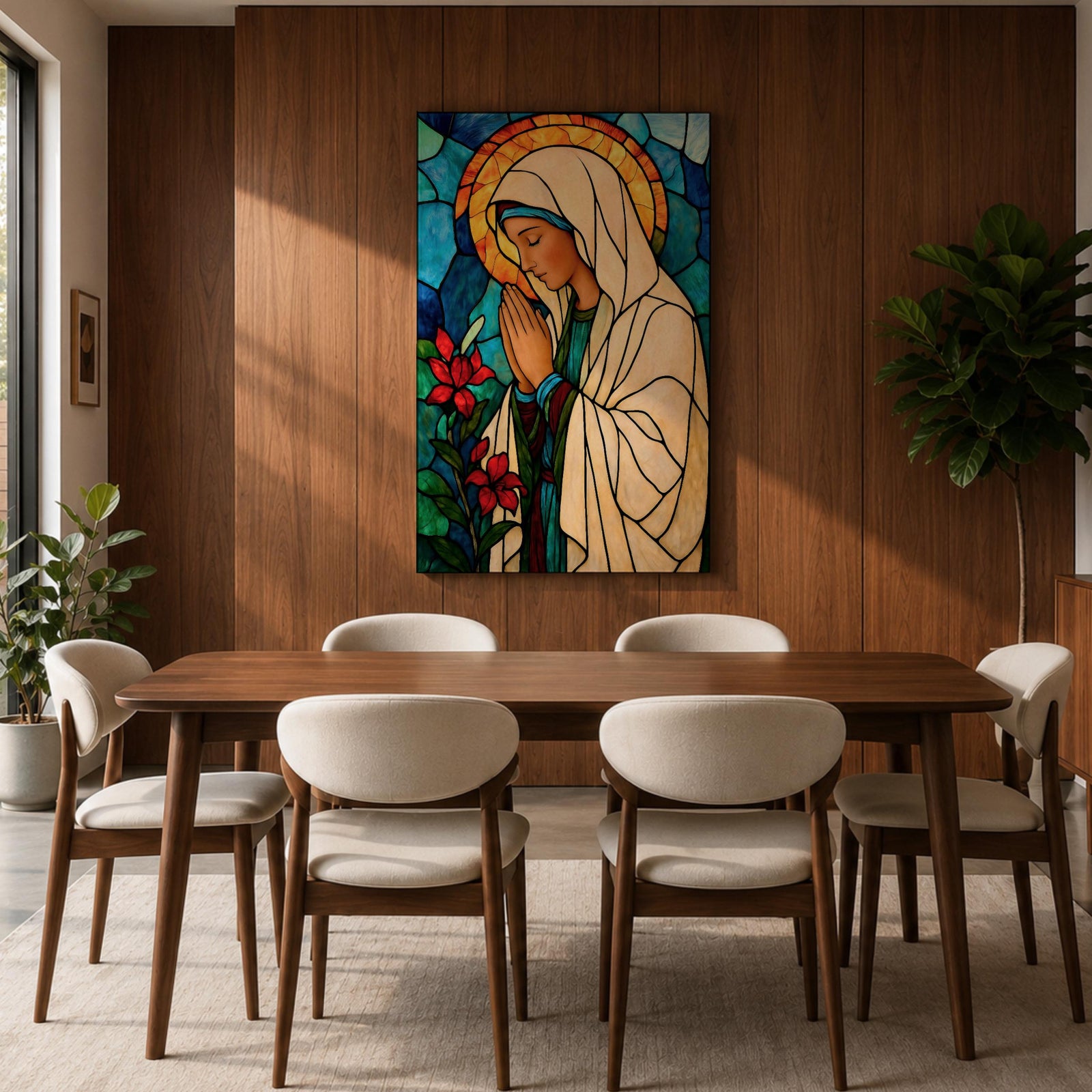 Modern stained glass style illustration of the Virgin Mary shown praying with hands clasped and head gently bowed, wearing flowing robes and a soft halo, composed of luminous jewel toned glass segments and radiant light patterns, rendered with clean lines and glowing color in a contemporary Marian devotional composition.