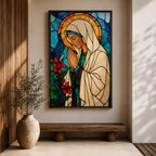 Modern stained glass style illustration of the Virgin Mary shown praying with hands clasped and head gently bowed, wearing flowing robes and a soft halo, composed of luminous jewel toned glass segments and radiant light patterns, rendered with clean lines and glowing color in a contemporary Marian devotional composition.