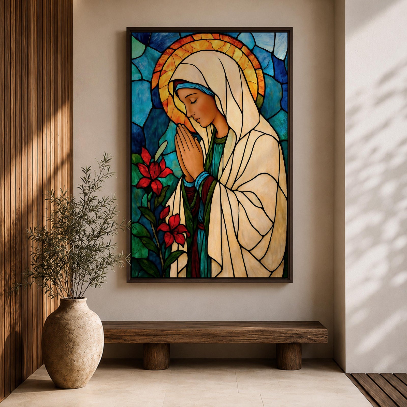 Modern stained glass style illustration of the Virgin Mary shown praying with hands clasped and head gently bowed, wearing flowing robes and a soft halo, composed of luminous jewel toned glass segments and radiant light patterns, rendered with clean lines and glowing color in a contemporary Marian devotional composition.