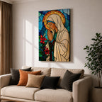 Modern stained glass style illustration of the Virgin Mary shown praying with hands clasped and head gently bowed, wearing flowing robes and a soft halo, composed of luminous jewel toned glass segments and radiant light patterns, rendered with clean lines and glowing color in a contemporary Marian devotional composition.