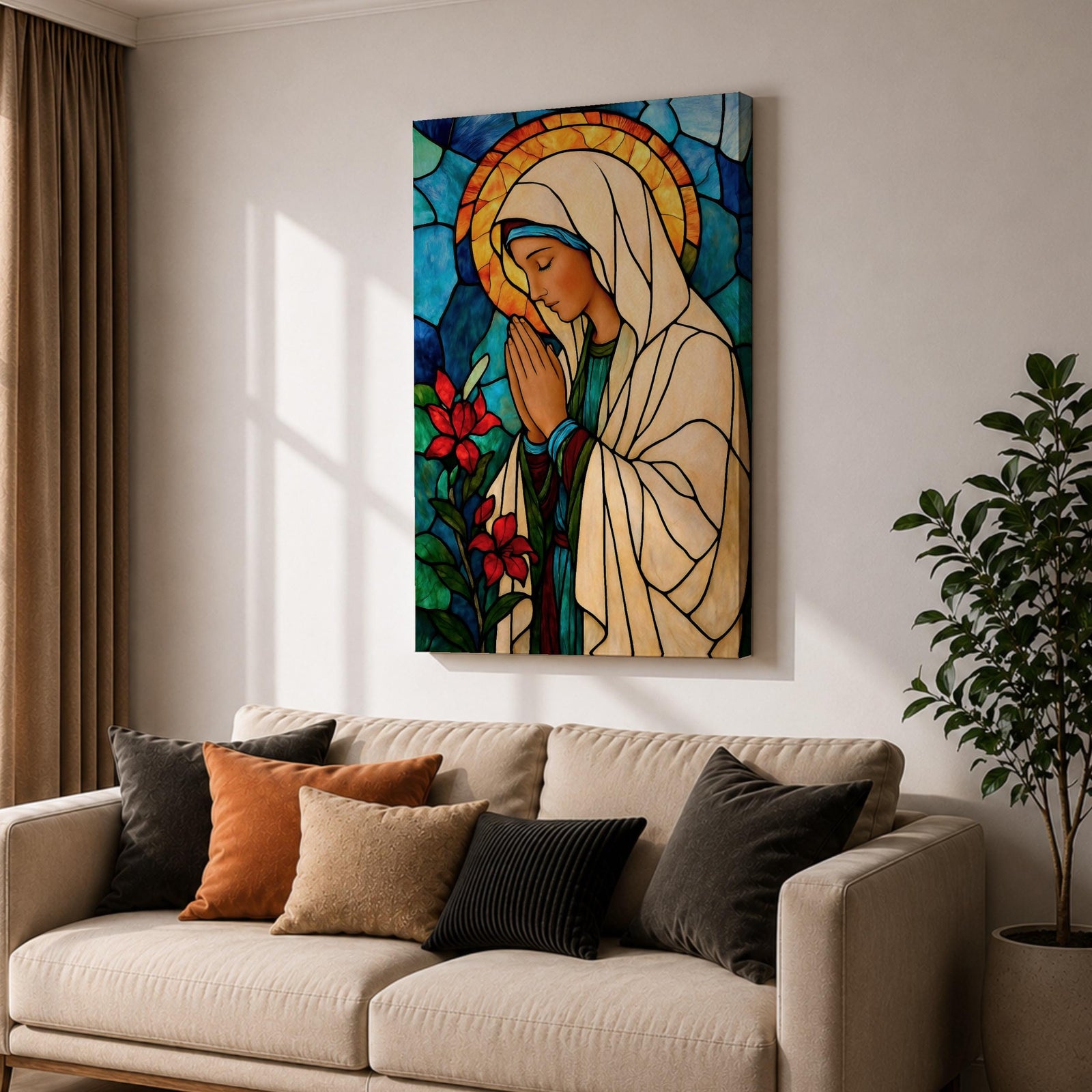 Modern stained glass style illustration of the Virgin Mary shown praying with hands clasped and head gently bowed, wearing flowing robes and a soft halo, composed of luminous jewel toned glass segments and radiant light patterns, rendered with clean lines and glowing color in a contemporary Marian devotional composition.
