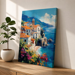This impasto style framed canvas depicts the Amalfi Coast featuring a cluster of Italian villas with terracotta roofs perched on cliffs overlooking a vibrant blue Mediterranean sea under a partly cloudy sky, with colorful flowers in the foreground enhancing the coastal landscape scene.