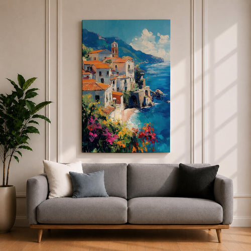 This impasto style framed canvas depicts the Amalfi Coast featuring a cluster of Italian villas with terracotta roofs perched on cliffs overlooking a vibrant blue Mediterranean sea under a partly cloudy sky, with colorful flowers in the foreground enhancing the coastal landscape scene.