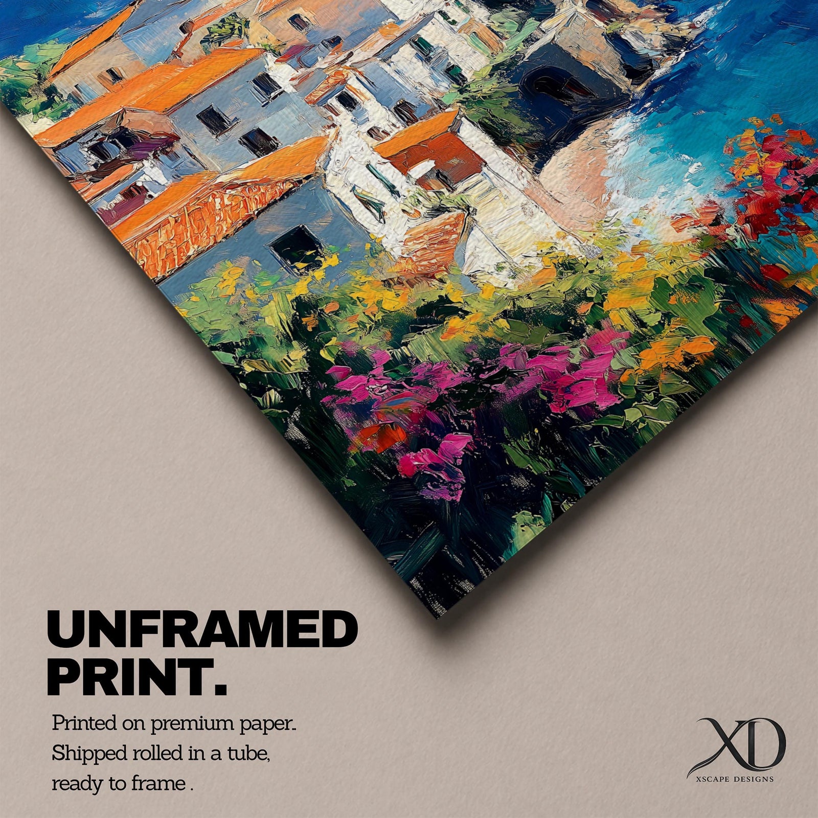 This impasto style framed canvas depicts the Amalfi Coast featuring a cluster of Italian villas with terracotta roofs perched on cliffs overlooking a vibrant blue Mediterranean sea under a partly cloudy sky, with colorful flowers in the foreground enhancing the coastal landscape scene.