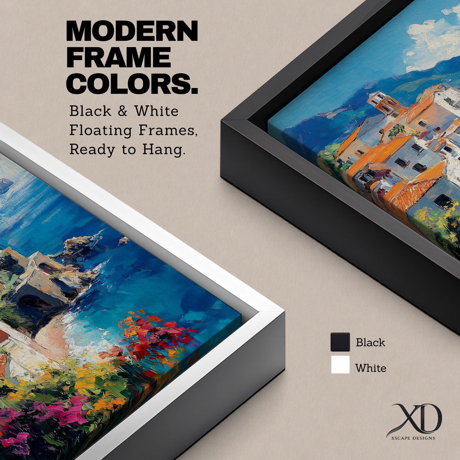 This impasto style framed canvas depicts the Amalfi Coast featuring a cluster of Italian villas with terracotta roofs perched on cliffs overlooking a vibrant blue Mediterranean sea under a partly cloudy sky, with colorful flowers in the foreground enhancing the coastal landscape scene.