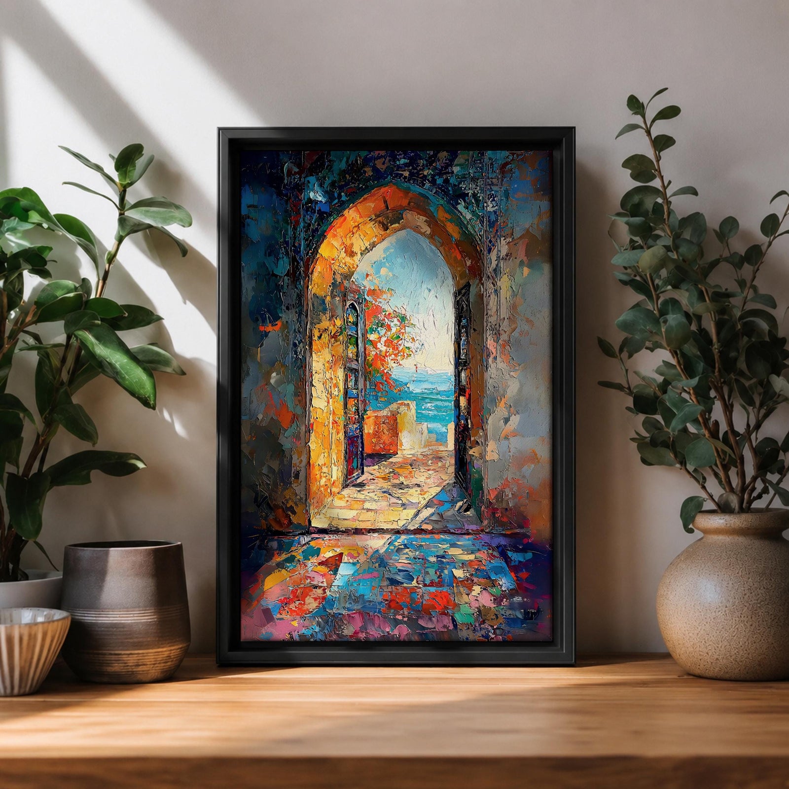 This impasto style painting depicts a Moroccan archway opening to a vibrant ocean view with bright sunlight illuminating textured stone walls and colorful mosaic floor tiles, capturing the essence of Moorish architectural design and coastal cultural scenery.