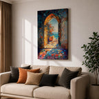 This impasto style painting depicts a Moroccan archway opening to a vibrant ocean view with bright sunlight illuminating textured stone walls and colorful mosaic floor tiles, capturing the essence of Moorish architectural design and coastal cultural scenery.