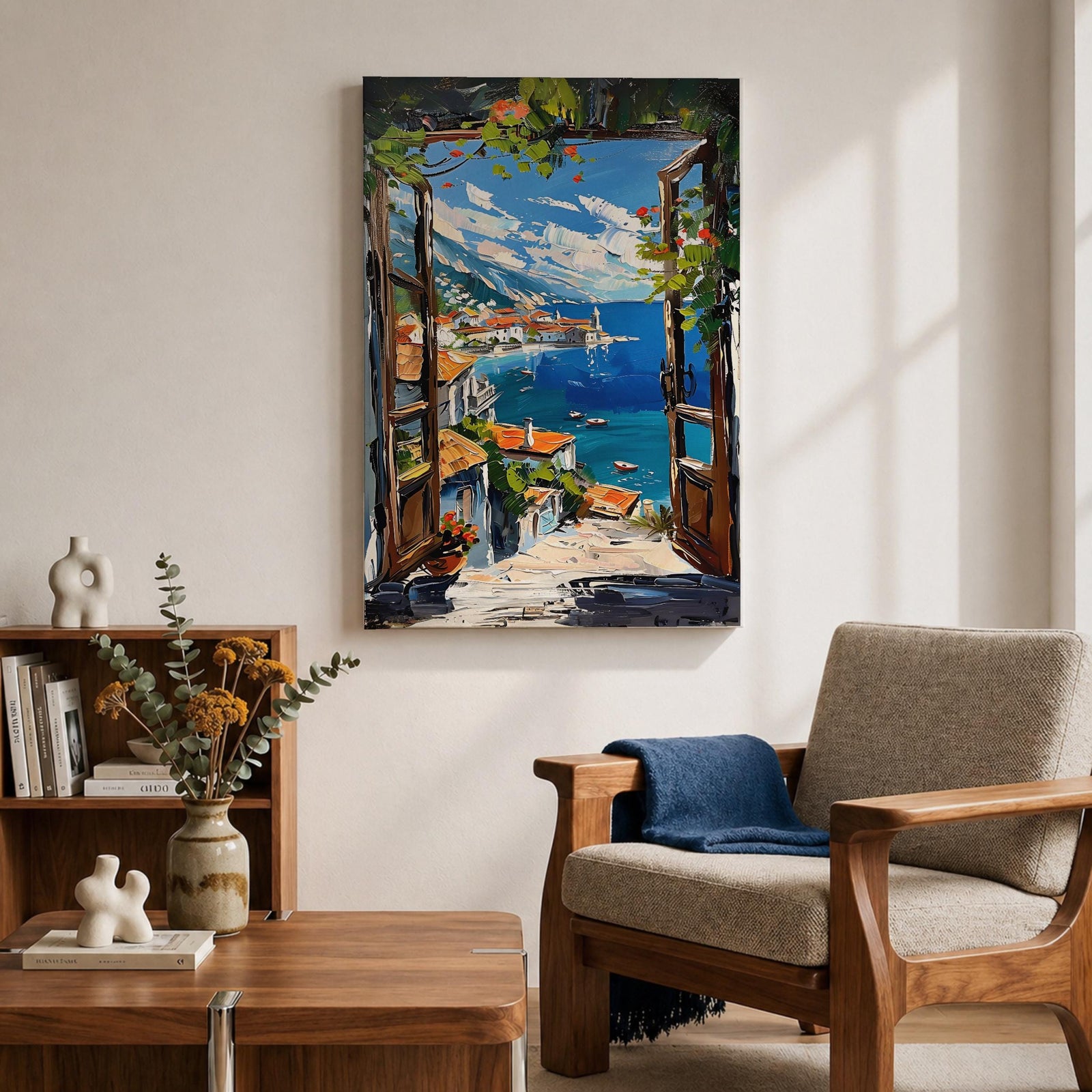 A vibrant framed canvas painting depicting a Mediterranean window opening to a coastal seaside view with terracotta rooftops, boats on deep blue ocean waters, and distant mountains under a bright sky. The artwork captures a scenic landscape with detailed brushstrokes and rich textures.