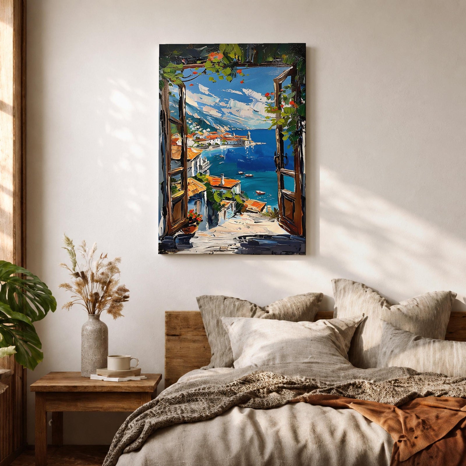 A vibrant framed canvas painting depicting a Mediterranean window opening to a coastal seaside view with terracotta rooftops, boats on deep blue ocean waters, and distant mountains under a bright sky. The artwork captures a scenic landscape with detailed brushstrokes and rich textures.