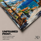 A vibrant framed canvas painting depicting a Mediterranean window opening to a coastal seaside view with terracotta rooftops, boats on deep blue ocean waters, and distant mountains under a bright sky. The artwork captures a scenic landscape with detailed brushstrokes and rich textures.