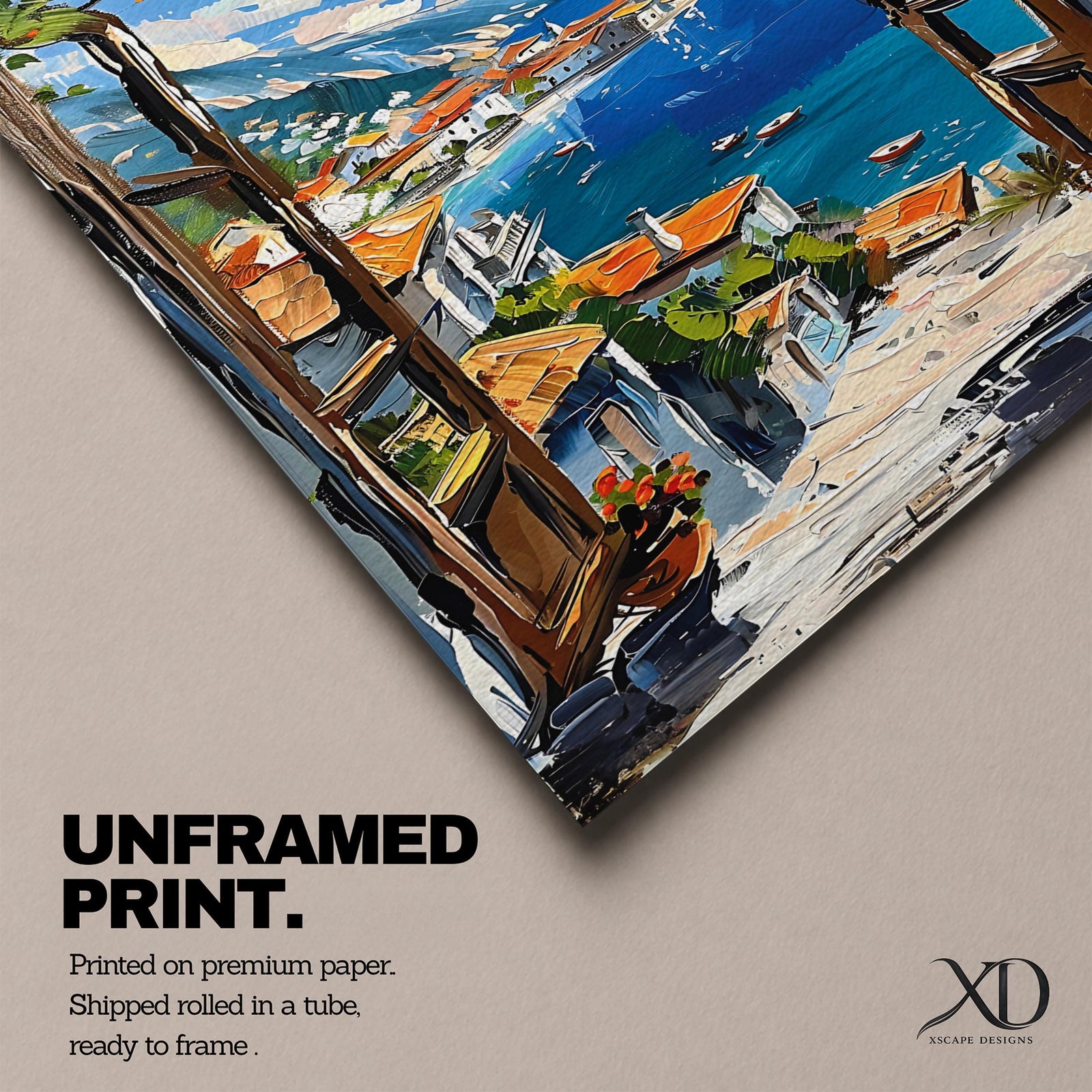 A vibrant framed canvas painting depicting a Mediterranean window opening to a coastal seaside view with terracotta rooftops, boats on deep blue ocean waters, and distant mountains under a bright sky. The artwork captures a scenic landscape with detailed brushstrokes and rich textures.