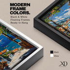 A vibrant framed canvas painting depicting a Mediterranean window opening to a coastal seaside view with terracotta rooftops, boats on deep blue ocean waters, and distant mountains under a bright sky. The artwork captures a scenic landscape with detailed brushstrokes and rich textures.