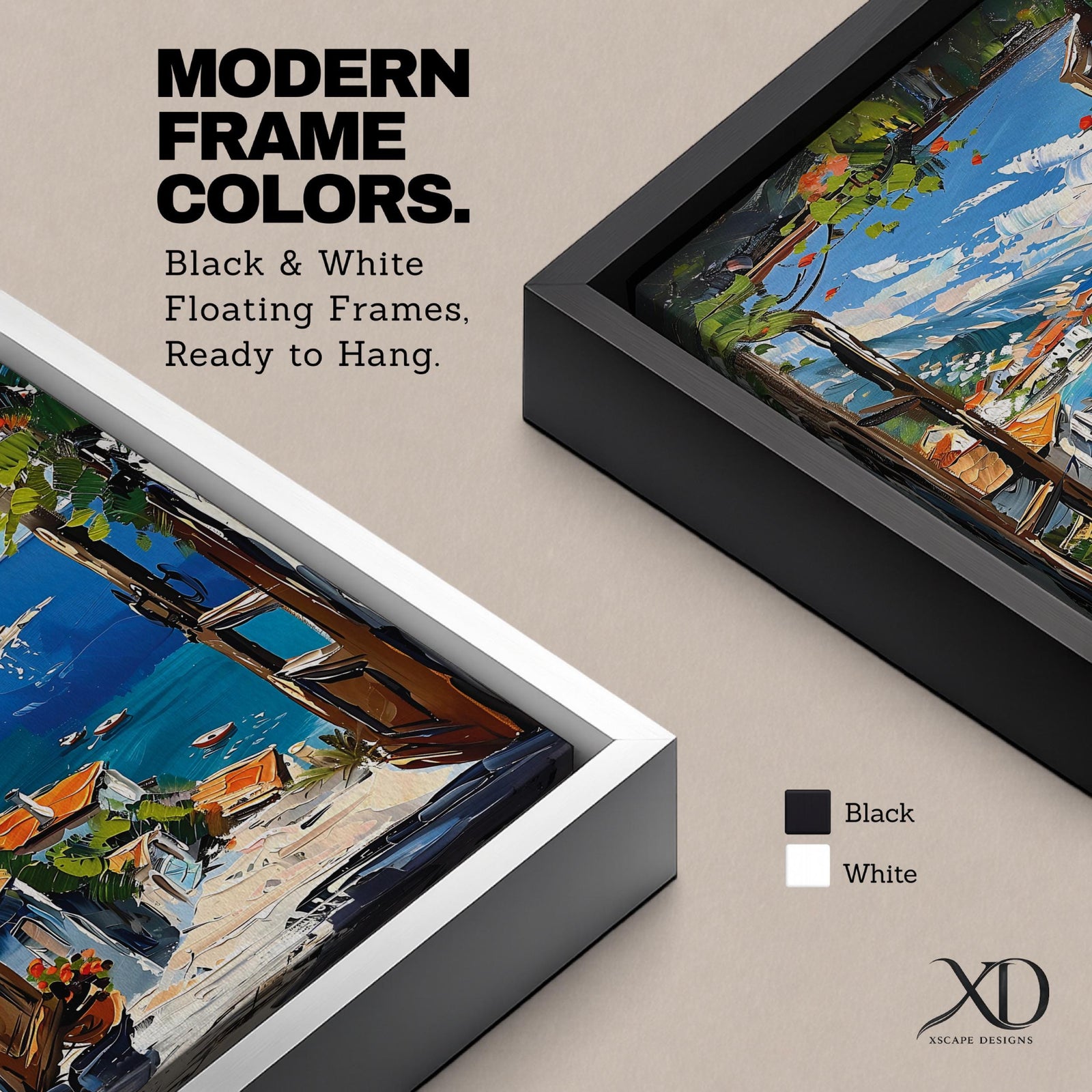 A vibrant framed canvas painting depicting a Mediterranean window opening to a coastal seaside view with terracotta rooftops, boats on deep blue ocean waters, and distant mountains under a bright sky. The artwork captures a scenic landscape with detailed brushstrokes and rich textures.