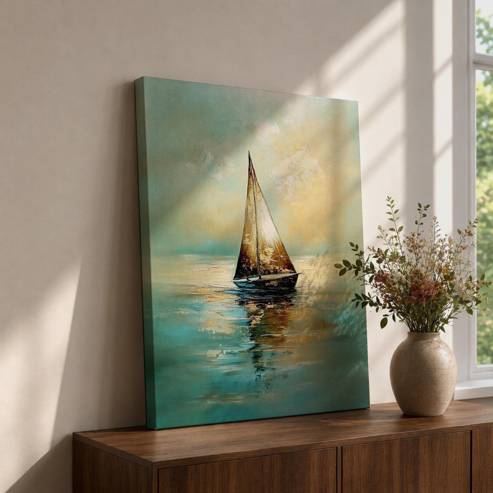 A vintage-style framed canvas painting of a sailboat on calm water with its reflection visible. The artwork features a coastal seascape with soft, blended colors and a nostalgic atmosphere, capturing the serene beauty of a sailboat gently floating on the sea.