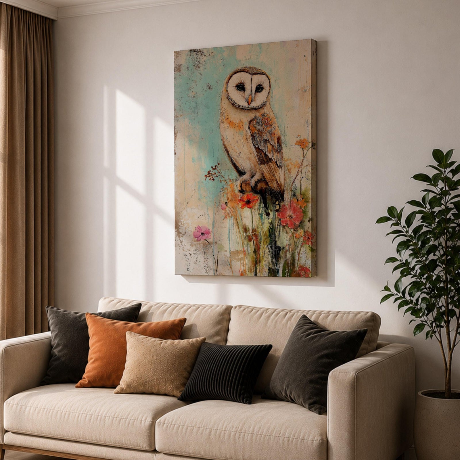 A detailed vintage-style framed canvas art print depicting a barn owl perched on a branch surrounded by wildflowers. The artwork features a rustic, naturalistic approach with soft textures and muted colors, capturing the essence of wildlife and farmhouse charm in a classic animal portrait style.