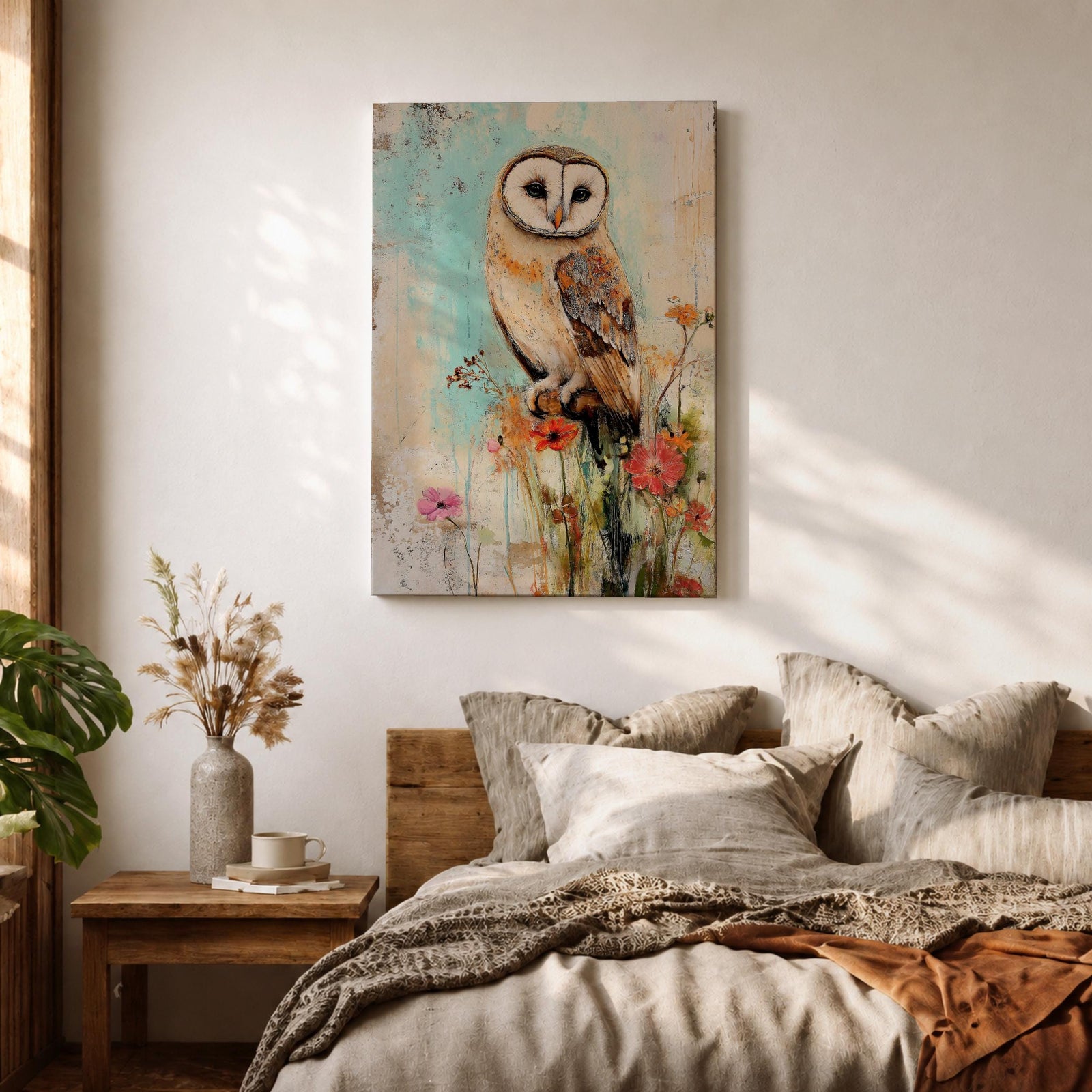A detailed vintage-style framed canvas art print depicting a barn owl perched on a branch surrounded by wildflowers. The artwork features a rustic, naturalistic approach with soft textures and muted colors, capturing the essence of wildlife and farmhouse charm in a classic animal portrait style.