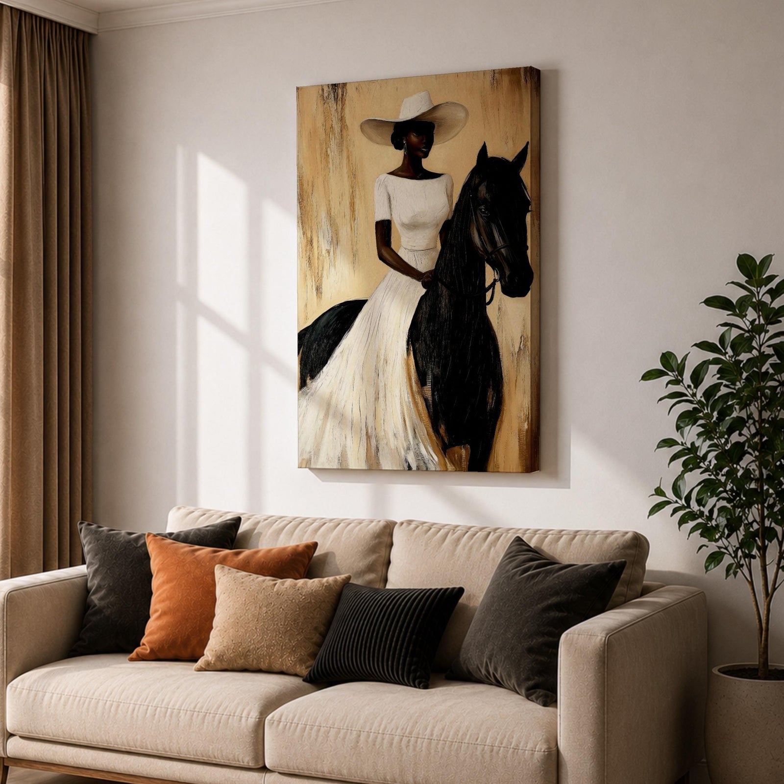 A framed painting of a woman dressed in a white dress and wide-brimmed hat riding a black horse. The artwork features a realistic style with warm beige and brown tones in the background, emphasizing the elegant posture of the rider and the horse’s strong presence.