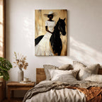 A framed painting of a woman dressed in a white dress and wide-brimmed hat riding a black horse. The artwork features a realistic style with warm beige and brown tones in the background, emphasizing the elegant posture of the rider and the horse’s strong presence.