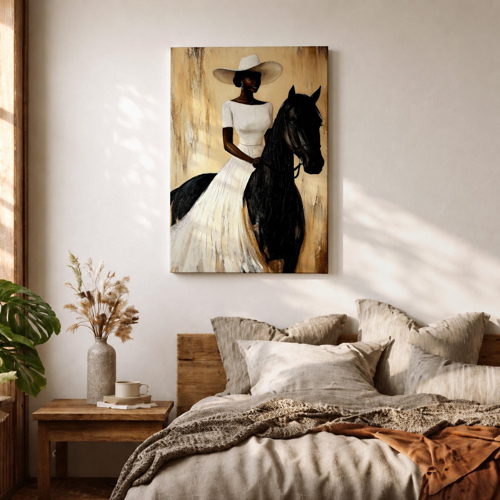 A framed painting of a woman dressed in a white dress and wide-brimmed hat riding a black horse. The artwork features a realistic style with warm beige and brown tones in the background, emphasizing the elegant posture of the rider and the horse’s strong presence.