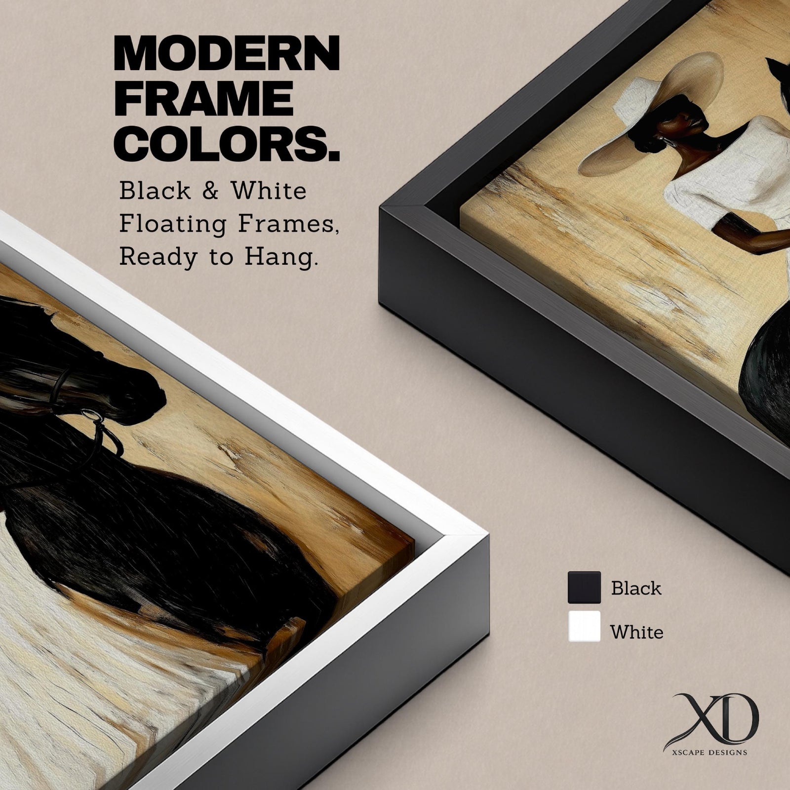 A framed painting of a woman dressed in a white dress and wide-brimmed hat riding a black horse. The artwork features a realistic style with warm beige and brown tones in the background, emphasizing the elegant posture of the rider and the horse’s strong presence.