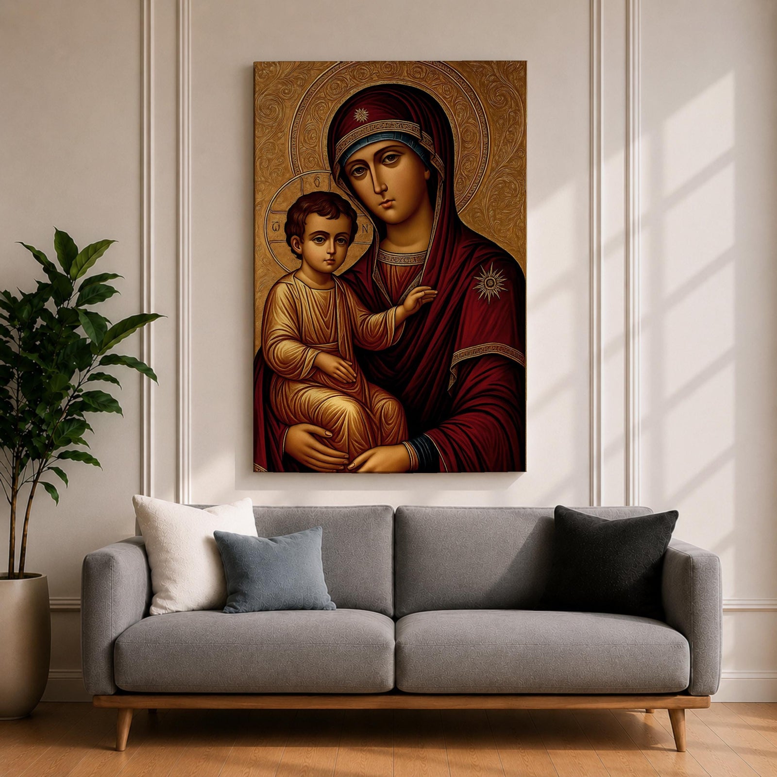 Greek Byzantine icon style illustration of the Virgin Mary holding the Christ Child in a traditional Madonna and Child composition, both figures shown with solemn expressions and golden halos, rendered with stylized lines, rich colors, and sacred symmetry inspired by classic Byzantine Christian iconography.