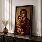 Greek Byzantine icon style illustration of the Virgin Mary holding the Christ Child in a traditional Madonna and Child composition, both figures shown with solemn expressions and golden halos, rendered with stylized lines, rich colors, and sacred symmetry inspired by classic Byzantine Christian iconography.