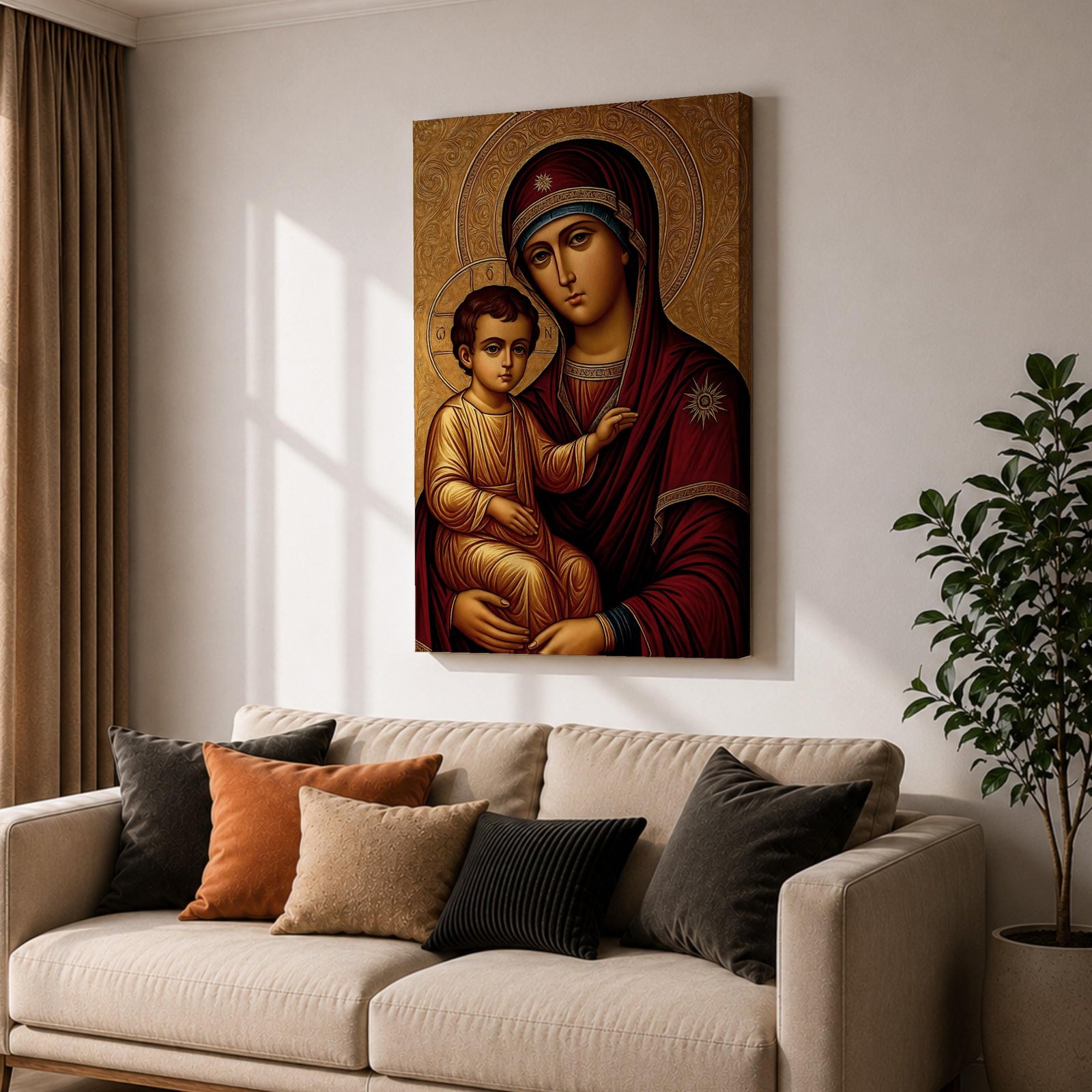 Greek Byzantine icon style illustration of the Virgin Mary holding the Christ Child in a traditional Madonna and Child composition, both figures shown with solemn expressions and golden halos, rendered with stylized lines, rich colors, and sacred symmetry inspired by classic Byzantine Christian iconography.