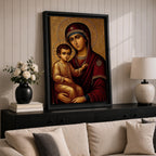 Greek Byzantine icon style illustration of the Virgin Mary holding the Christ Child in a traditional Madonna and Child composition, both figures shown with solemn expressions and golden halos, rendered with stylized lines, rich colors, and sacred symmetry inspired by classic Byzantine Christian iconography.