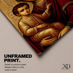Greek Byzantine icon style illustration of the Virgin Mary holding the Christ Child in a traditional Madonna and Child composition, both figures shown with solemn expressions and golden halos, rendered with stylized lines, rich colors, and sacred symmetry inspired by classic Byzantine Christian iconography.