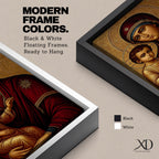 Greek Byzantine icon style illustration of the Virgin Mary holding the Christ Child in a traditional Madonna and Child composition, both figures shown with solemn expressions and golden halos, rendered with stylized lines, rich colors, and sacred symmetry inspired by classic Byzantine Christian iconography.