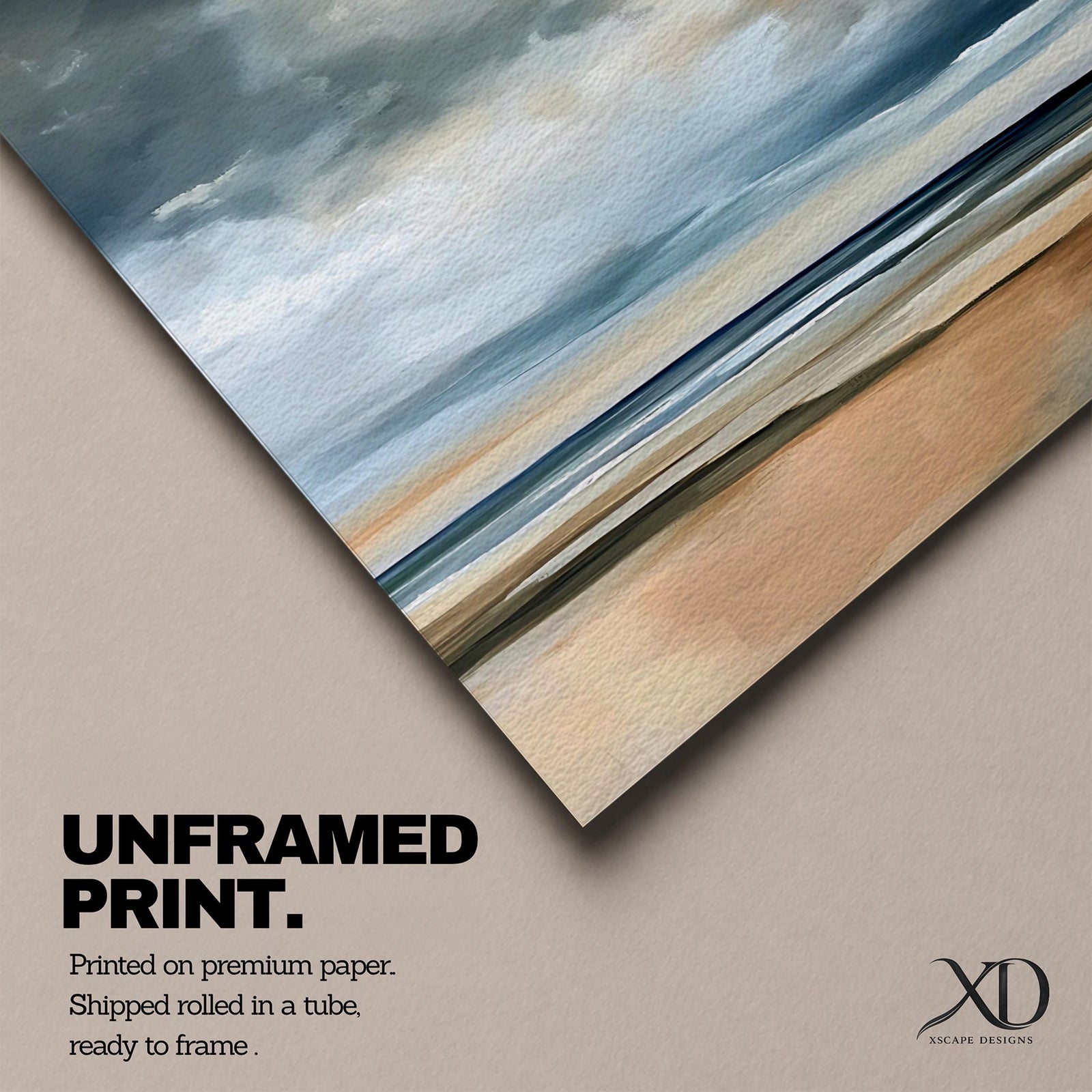 A framed canvas painting depicting a coastal seascape with a cloudy sky over a calm ocean and sandy beach. The artwork features a vintage style with soft brush strokes and muted tones, capturing the serene and expansive nature of the shoreline and sky.
