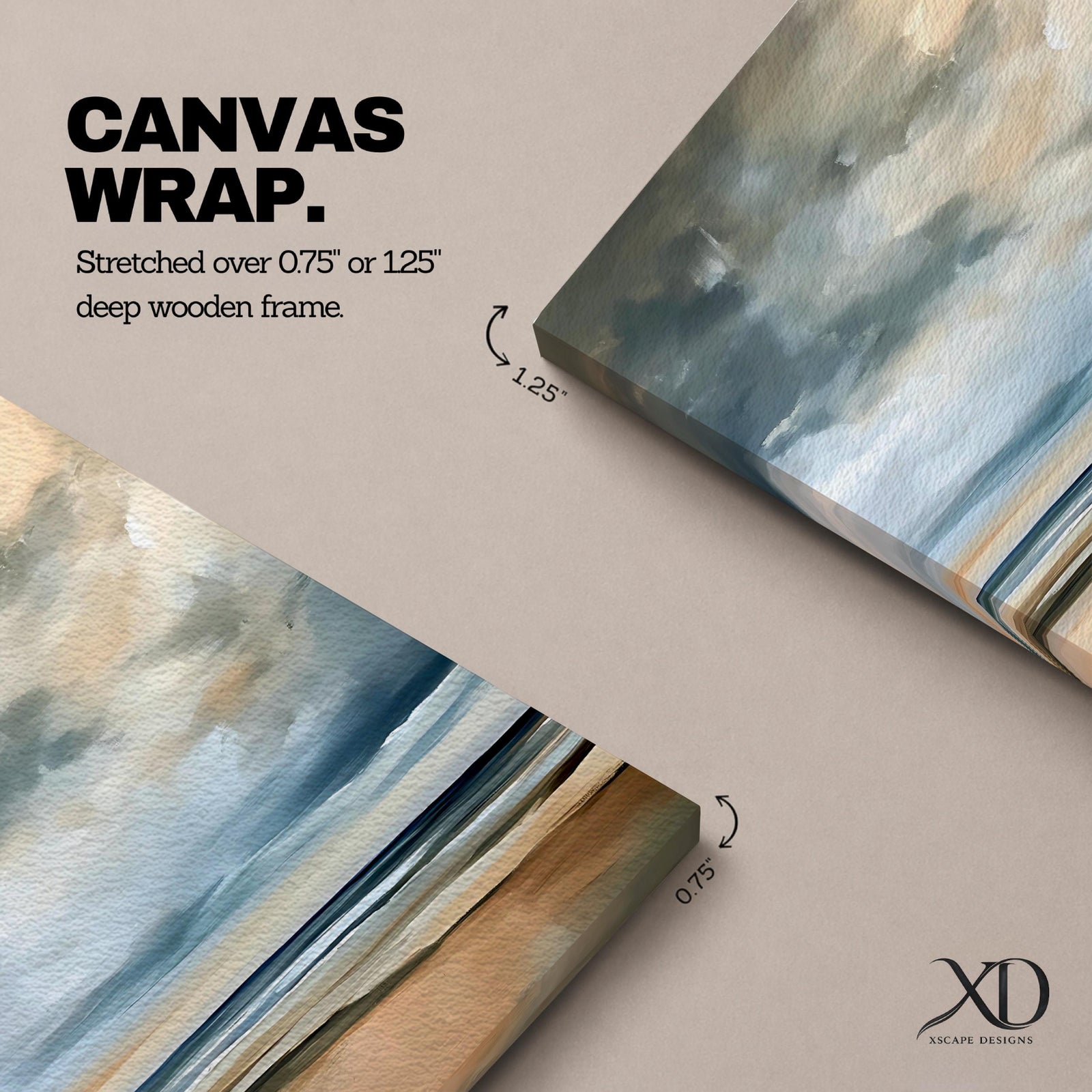 A framed canvas painting depicting a coastal seascape with a cloudy sky over a calm ocean and sandy beach. The artwork features a vintage style with soft brush strokes and muted tones, capturing the serene and expansive nature of the shoreline and sky.