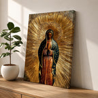 Illustration of Our Lady of Guadalupe also known as La Morenita standing with hands clasped in prayer, wearing a rose colored gown and a teal mantle covered with gold stars, surrounded by radiant golden rays and highlighted with antique gold tones, with a small angel beneath her, rendered in a devotional style inspired by Mexican Catholic iconography.