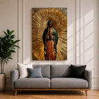 Illustration of Our Lady of Guadalupe also known as La Morenita standing with hands clasped in prayer, wearing a rose colored gown and a teal mantle covered with gold stars, surrounded by radiant golden rays and highlighted with antique gold tones, with a small angel beneath her, rendered in a devotional style inspired by Mexican Catholic iconography.