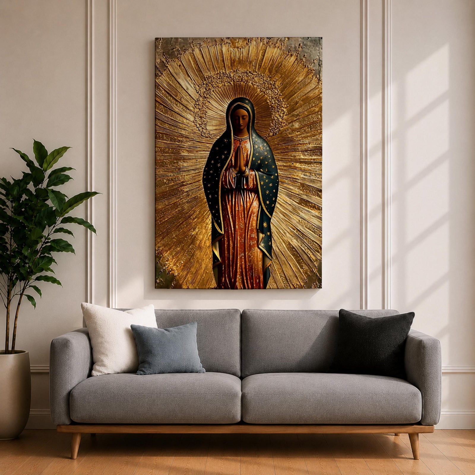 Illustration of Our Lady of Guadalupe also known as La Morenita standing with hands clasped in prayer, wearing a rose colored gown and a teal mantle covered with gold stars, surrounded by radiant golden rays and highlighted with antique gold tones, with a small angel beneath her, rendered in a devotional style inspired by Mexican Catholic iconography.