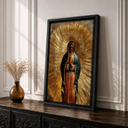 Illustration of Our Lady of Guadalupe also known as La Morenita standing with hands clasped in prayer, wearing a rose colored gown and a teal mantle covered with gold stars, surrounded by radiant golden rays and highlighted with antique gold tones, with a small angel beneath her, rendered in a devotional style inspired by Mexican Catholic iconography.