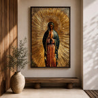Illustration of Our Lady of Guadalupe also known as La Morenita standing with hands clasped in prayer, wearing a rose colored gown and a teal mantle covered with gold stars, surrounded by radiant golden rays and highlighted with antique gold tones, with a small angel beneath her, rendered in a devotional style inspired by Mexican Catholic iconography.