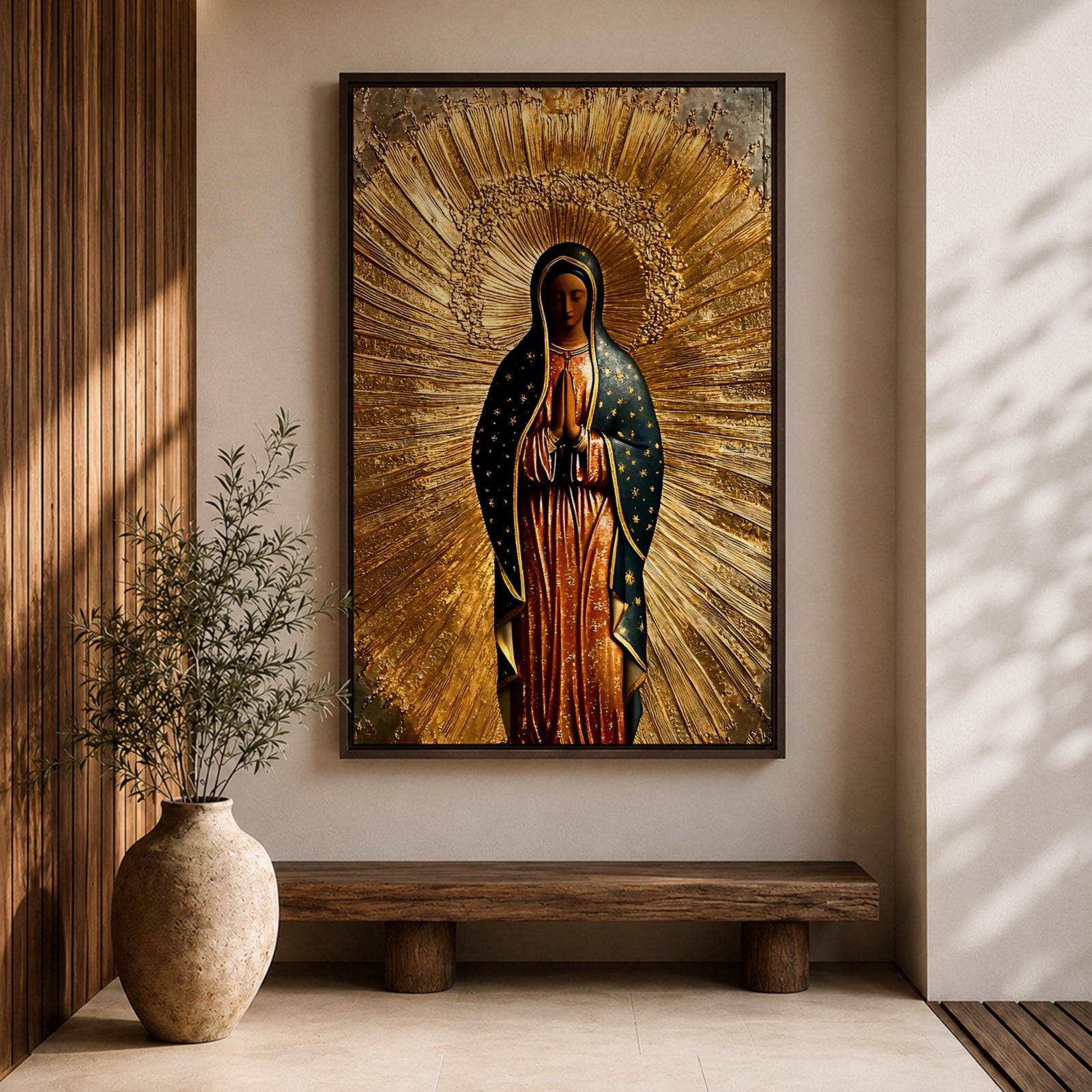 Illustration of Our Lady of Guadalupe also known as La Morenita standing with hands clasped in prayer, wearing a rose colored gown and a teal mantle covered with gold stars, surrounded by radiant golden rays and highlighted with antique gold tones, with a small angel beneath her, rendered in a devotional style inspired by Mexican Catholic iconography.