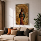 Illustration of Our Lady of Guadalupe also known as La Morenita standing with hands clasped in prayer, wearing a rose colored gown and a teal mantle covered with gold stars, surrounded by radiant golden rays and highlighted with antique gold tones, with a small angel beneath her, rendered in a devotional style inspired by Mexican Catholic iconography.