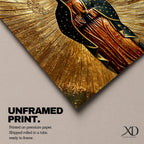 Illustration of Our Lady of Guadalupe also known as La Morenita standing with hands clasped in prayer, wearing a rose colored gown and a teal mantle covered with gold stars, surrounded by radiant golden rays and highlighted with antique gold tones, with a small angel beneath her, rendered in a devotional style inspired by Mexican Catholic iconography.